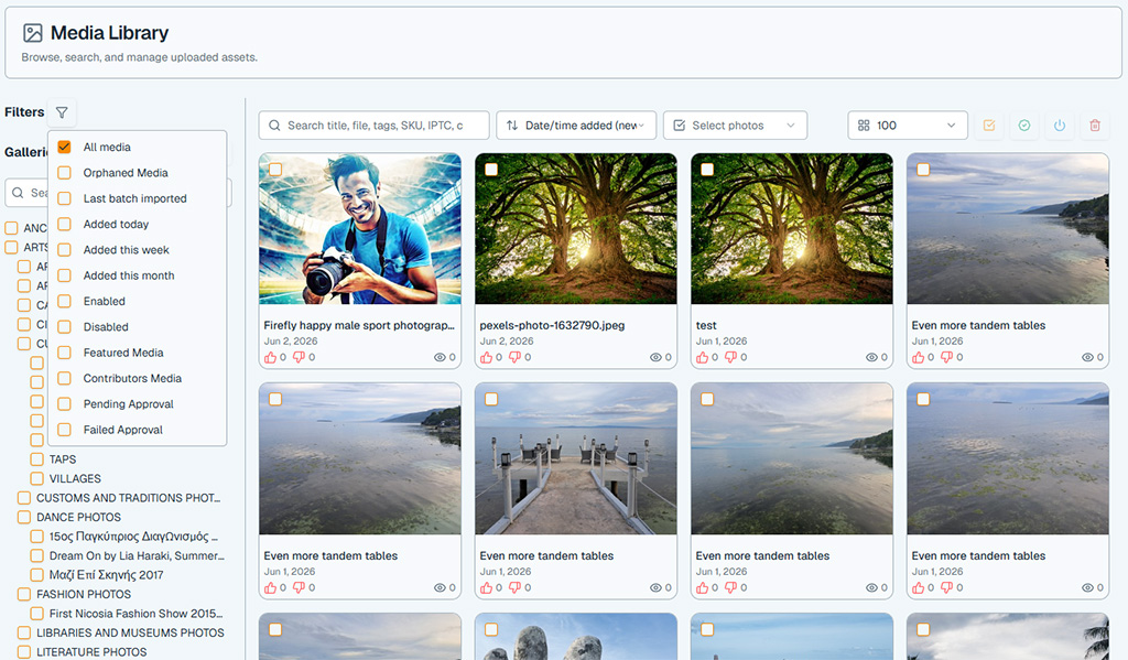 PixelCart Media Library with sidebar filters, nested gallery tree, search, and media grid
